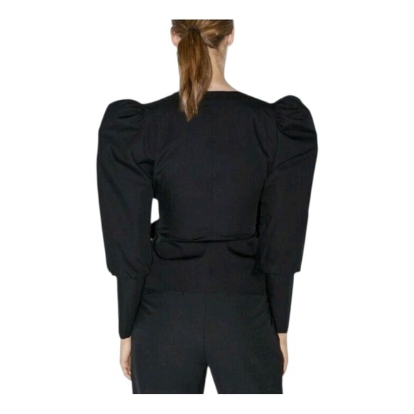 NWOT Zara Black Cotton Poplin Puff Sleeve Self-Tie Bow V-Neck Top Jacket Medium - Picture 3 of 14